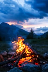 Tranquil Sunset Campfire Scene in a Dense Pine Forest