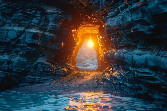 Sunset in a cave,   rendering,  illustration