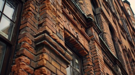 Naklejka premium Intriguing geometric patterns in the brickwork of a historic building, adding depth and texture to a street scene,