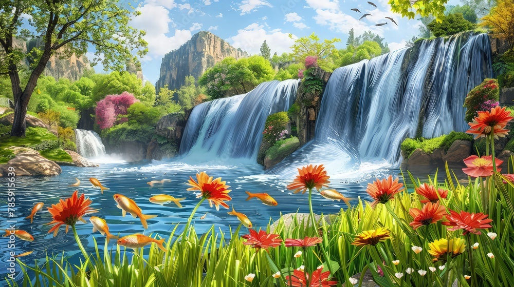 Poster a mesmerizing view of a waterfall cascading down rocks, surrounded by lush greenery, creating a sere
