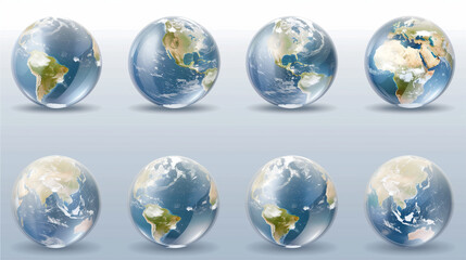 Set of transparent globes of Earth. Realistic world map in globe shape with transparent texture and...