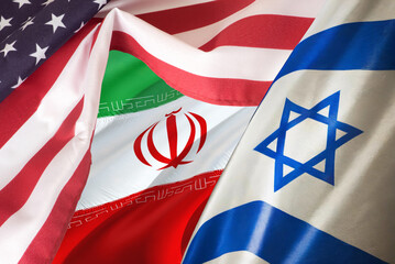 Flaggen von USA, Iran und Israel