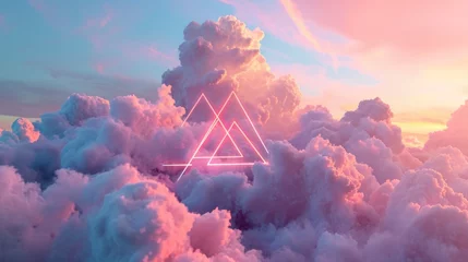 Foto op Canvas The great pink neon floating triangle beyond the sky that surrounded with cloudscape at the dawn or dusk time of the day that shine neon light and bright to the every part of the endless sky. AIGX03. © Summit Art Creations