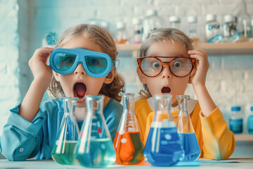 Children conducted a failed chemical experiment in the laboratory - obrazy, fototapety, plakaty