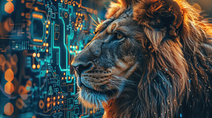 Close-up of a lion head merging with a colorful electronic board, symbolizing the blend of nature and powerful technology. Generative AI. - obrazy, fototapety, plakaty