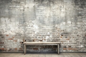 Old grunge brick wall with bench and wooden floor, vintage background