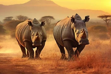 Foto op Plexiglas Two white rhinoceros in the savannah at sunset © Nguyen