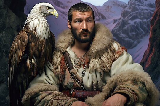 Portrait of a man with a bald eagle in the mountains