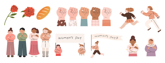 빨간 장미와 바게트 빵이 어우러진 주장하는 여성들의 달리기가 포함된 팔짱낀 깃발을 들고있는 여성의날