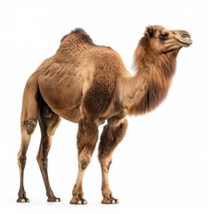 A full-bodied camel stands isolated against a white backdrop, showcasing its natural physique and tranquil demeanor.