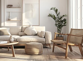 Nordic style living room interior design with a beige sofa