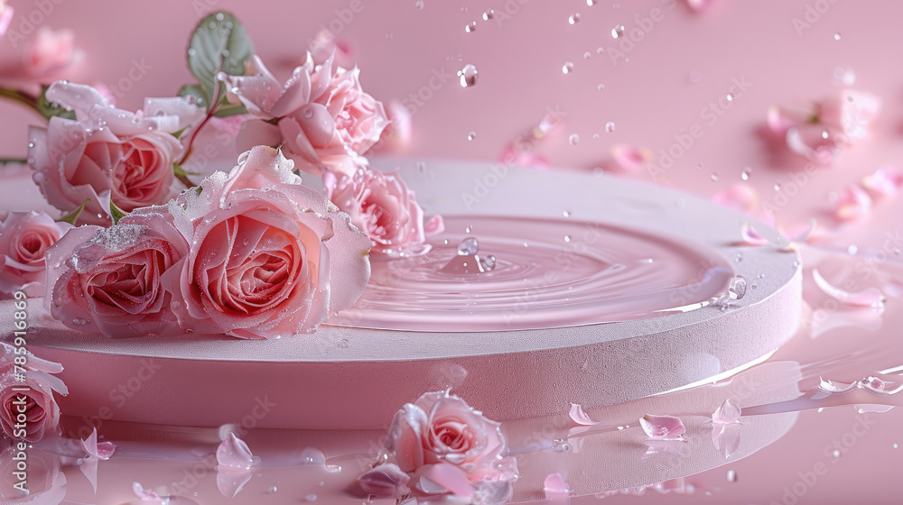 Poster round podium with water and flowers on pink background with drops. empty round plate with water drop