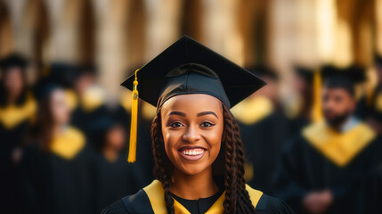 A young dark-skinned, black African-American girl wearing a graduate hat against the backdrop of her classmates.