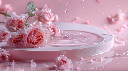 Round podium with water and flowers on pink background with drops. Empty round plate with water drops and roses, copy space. Generative AI.