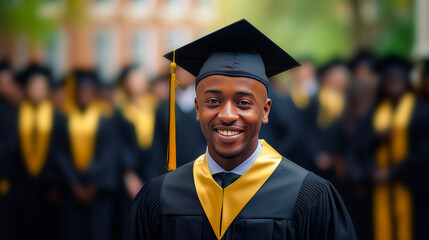 A young dark-skinned, black, African-American guy wearing a graduate hat against the background of his classmates.