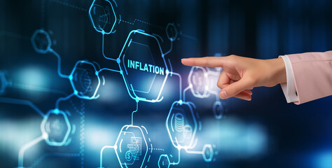 Inscription Inflation on virtual screen. Sustained increase in the general level of prices for goods and services