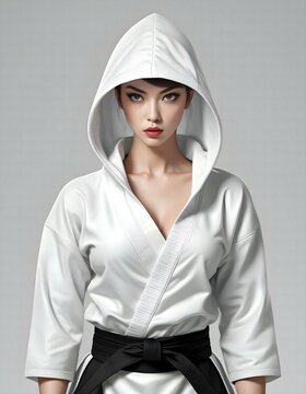 Portrait of a karate girl in a white kimono