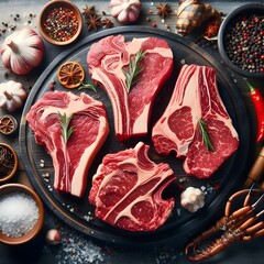 Delicious-looking raw marbling beef steak, cooking ingredients T-bone, rib eye, Generative AI  - obrazy, fototapety, plakaty