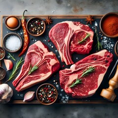 Delicious-looking raw marbling beef steak, cooking ingredients T-bone, rib eye, Generative AI 