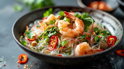 Close-up of spicy Thai glass noodle salad (Yum Woon Sen) with seafood, highlighted against a plain background.