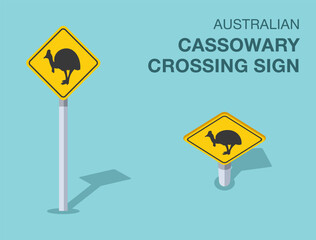 Traffic regulation rules. Isolated Australian "cassowary crossing" road sign. Front and top view. Flat vector illustration template.
