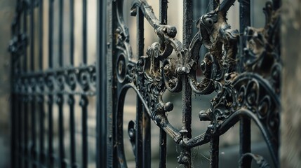 Intricate metalwork on a street gate, featuring elaborate designs and patterns that enhance the...