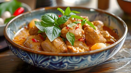  Thai red duck curry, with lychees and basil, served elegantly on a clean, bright dish.