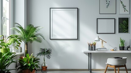 A modern art studio space where an empty white frame hangs on a clean wall, surrounded by a curated selection of art tools and black and white sketches.