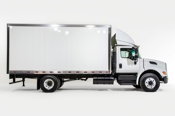 Side view of a clean white delivery truck on a plain background, concept of transportation and logistics.