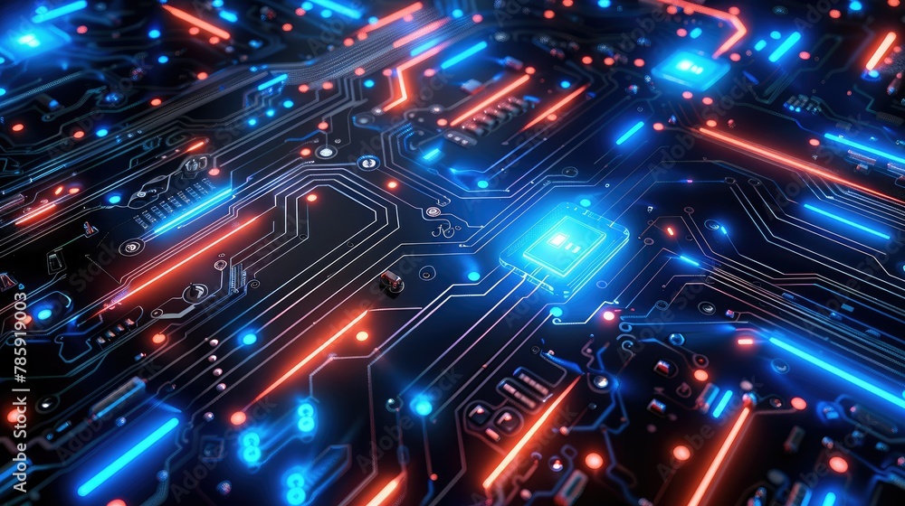 Poster Circuit board background with blue glowing elements on black, vector illustration. Illustration of electronic circuit or network design concept in high tech style. High resolution. Generative AI.