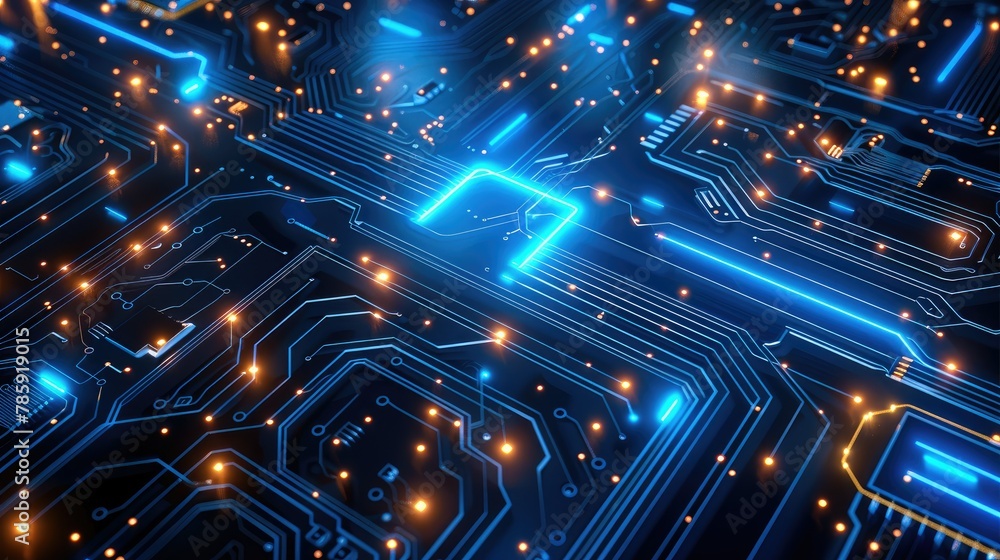 Poster Circuit board background with blue glowing elements on black, vector illustration. Illustration of electronic circuit or network design concept in high tech style. High resolution. Generative AI.
