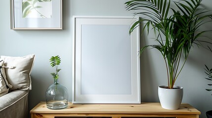 A serene and elegant living room detail showing an empty white frame on a creamy pastel wall.