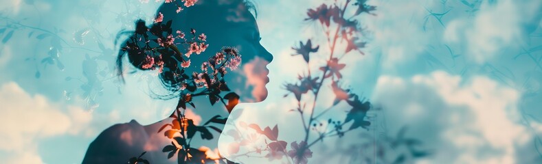 Panoramic energetic cinematic background visual with beautiful flowers and double exposure...