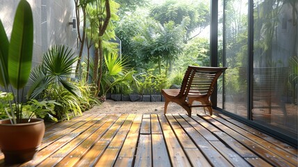 Home terrace with wooden floor and chair. Generative AI.