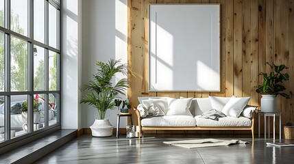 A serene Scandinavian-style living room, featuring a large empty white frame on a light wooden wall.