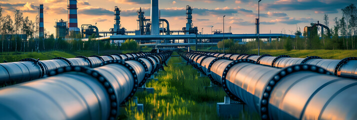 Gas pipelines with gas power plant in background - obrazy, fototapety, plakaty