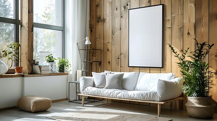 A serene Scandinavian-style living room, featuring a large empty white frame on a light wooden wall.