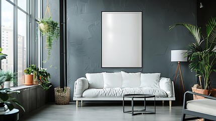 A sleek and sophisticated monochrome gallery setting featuring an empty white frame on a dark gray wall, creating a stark contrast that focuses attention. - obrazy, fototapety, plakaty