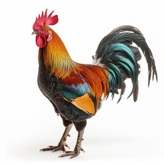 Vibrant colored rooster standing side view with a striking plumage display.