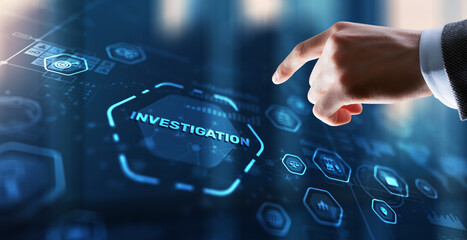 Investigation Business concept. Man presses investigations button on a virtual screen - obrazy, fototapety, plakaty
