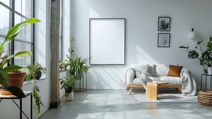 An open-plan Scandinavian living space with an empty white frame centered on a pale wooden wall, complemented by sleek, modern furniture and a monochrome color palette.