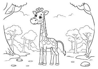 Coloring page of giraffe for kids coloring book