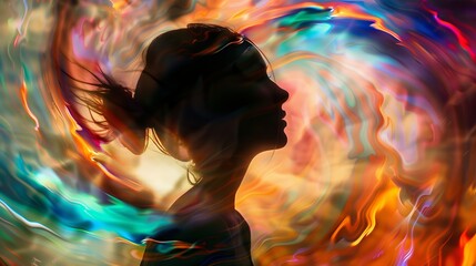 A woman's silhouette is shown in a colorful swirl of light