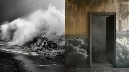 A wave crashing into a wall, with a door in the background