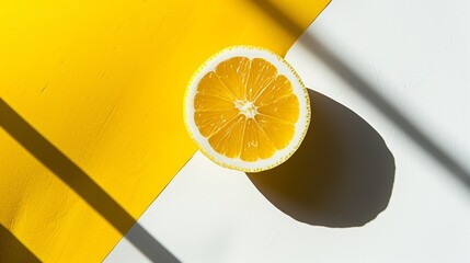 A slice of lemon is on a yellow and white background