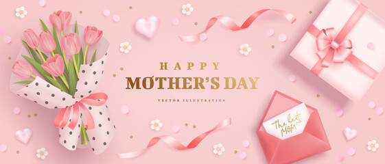 Mothers day horizontal greeting card or web banner with realistic 3d pink tulips, gift box and golden text on pink background. Floral festive elegant wallpaper. Vector illustration