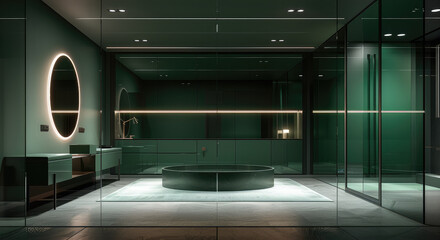 Dark green mirrored cabinets in a dark, minimalist interior, dark tone. Generative AI.