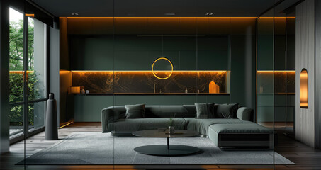 Dark green mirrored cabinets in a dark, minimalist interior, dark tone. Generative AI.