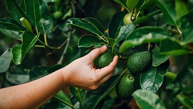 A hand picking a ripe avocado from a tree