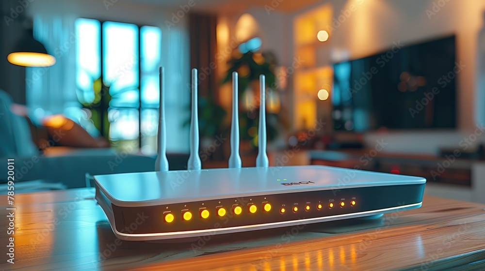 Poster Home network with router, Modern wi-fi router on light table in room. Generative AI.